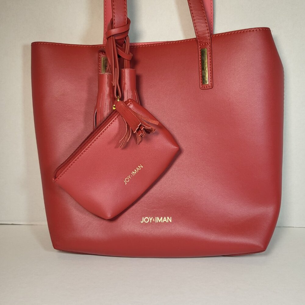Joy & Iman Large Red Leather Tassel Tote with Wristlet and Removeable Insert - Picture 3 of 16